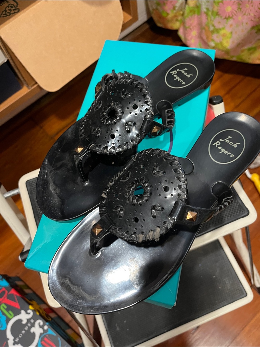 Jack Rogers Black Jelly Medallion Flip Flops